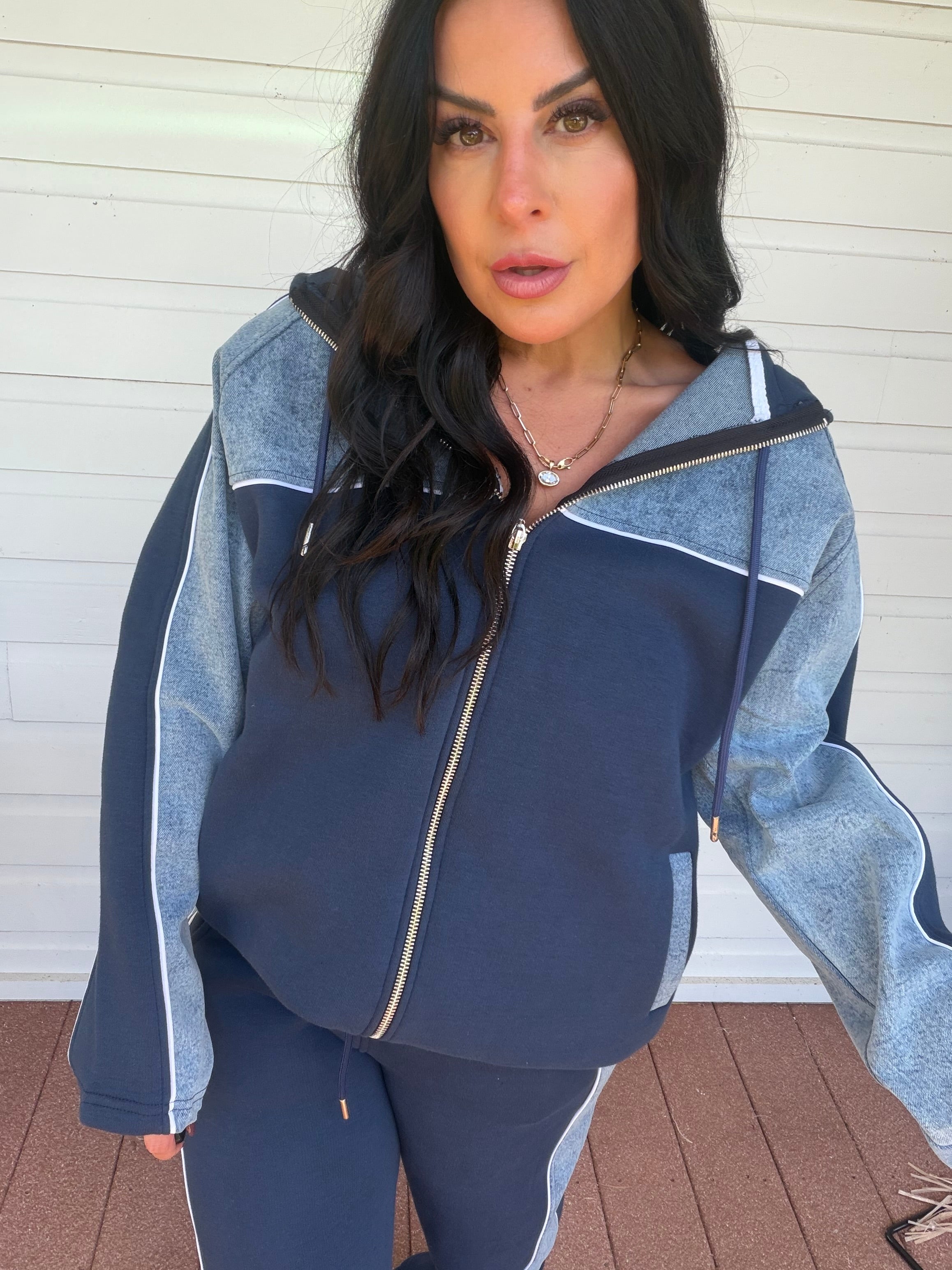 Denim and Navy Luxe Hoodie and Jogger Set