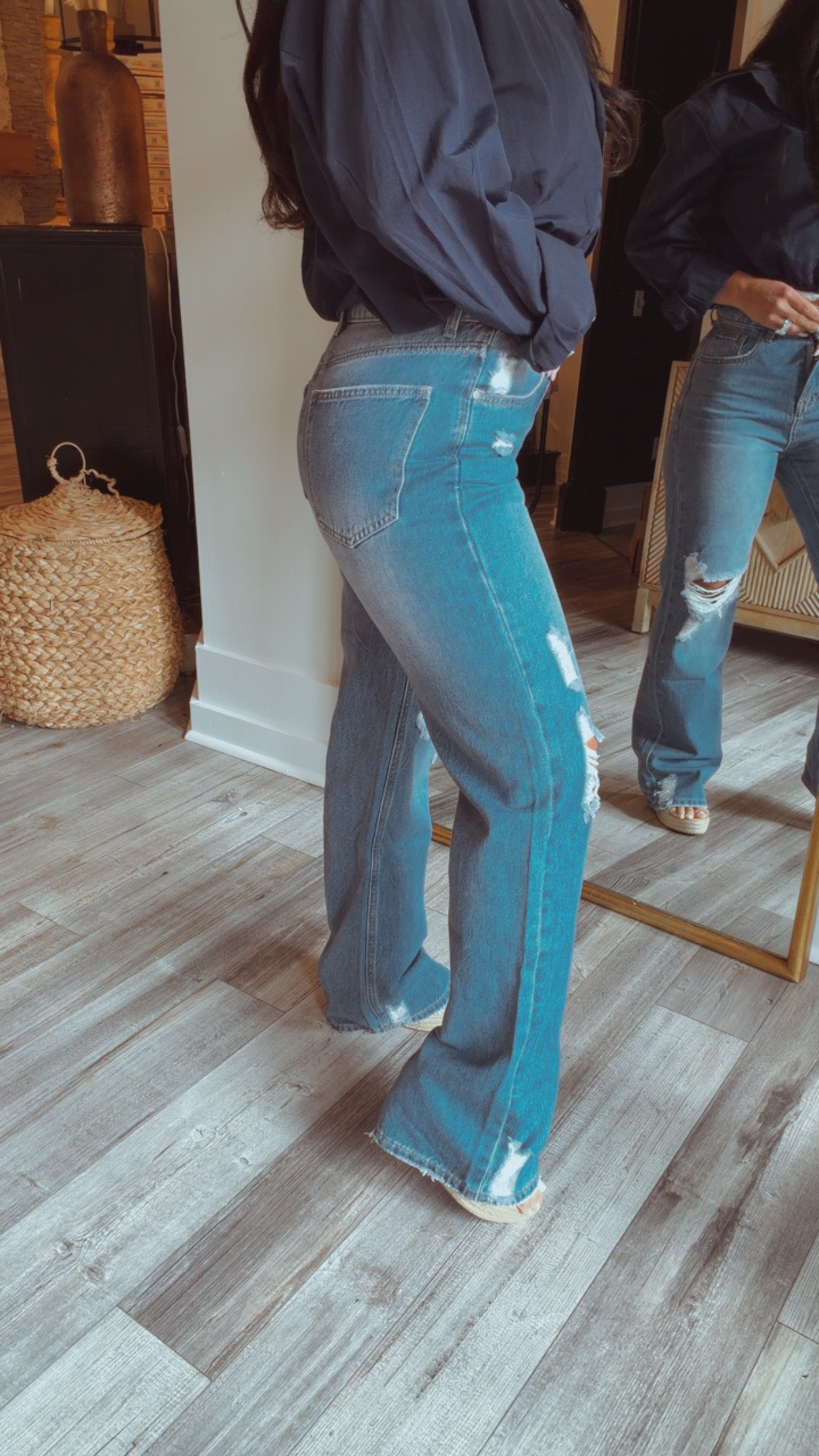 Medium Wash Distressed Wide Leg Jeans
