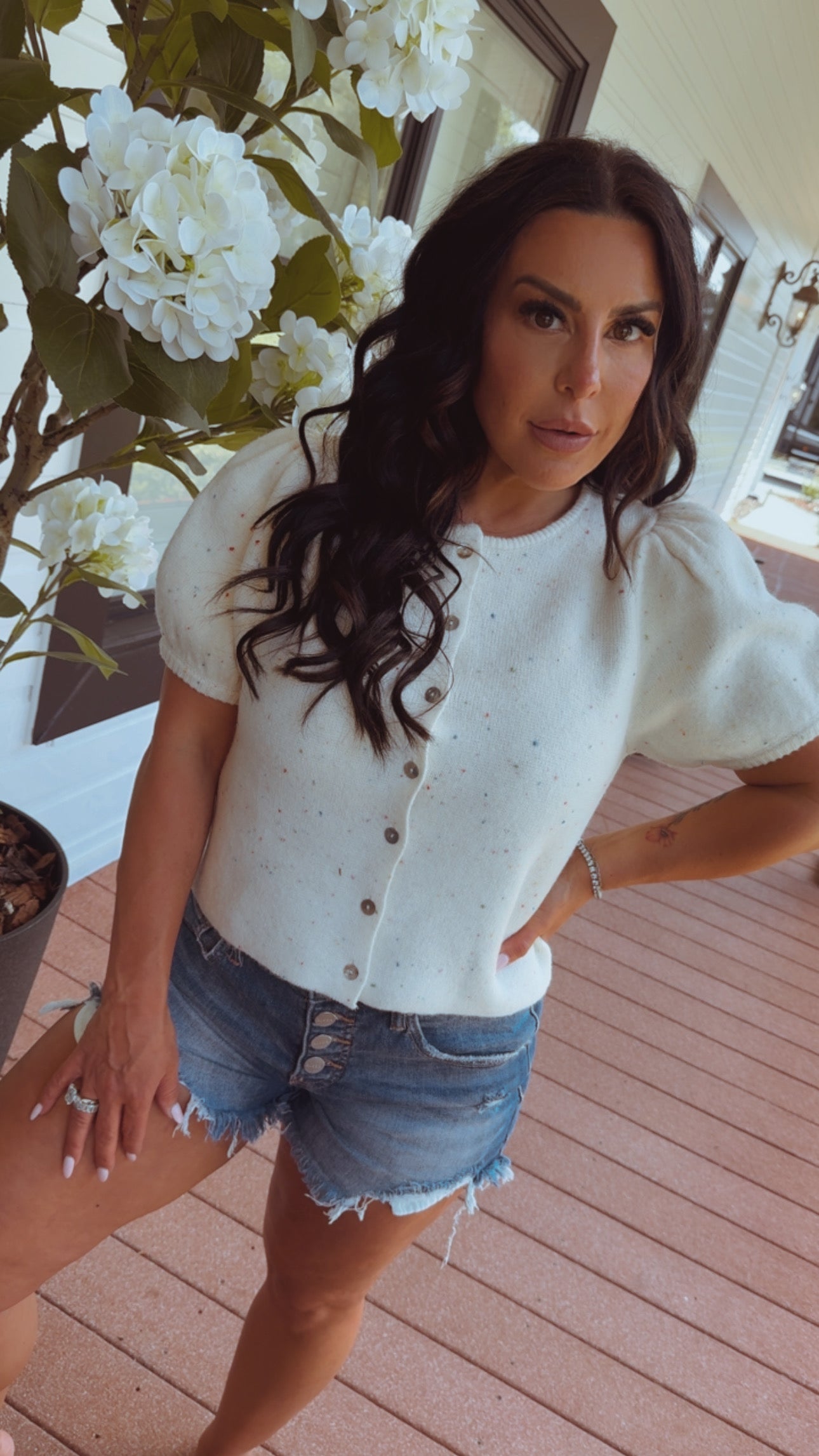 Ultra Soft White Confetti Puff Sleeve Button Up cardi