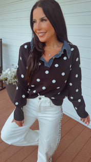Black and White Polka Dot Denim Collar Top