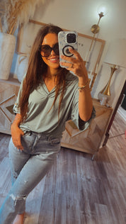 Long Sleeve Loose Fit Vneck Top Sage