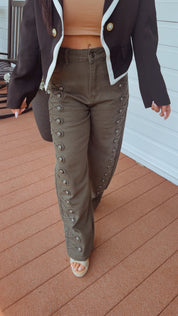 Olive Studded And Cross Stich Jeans