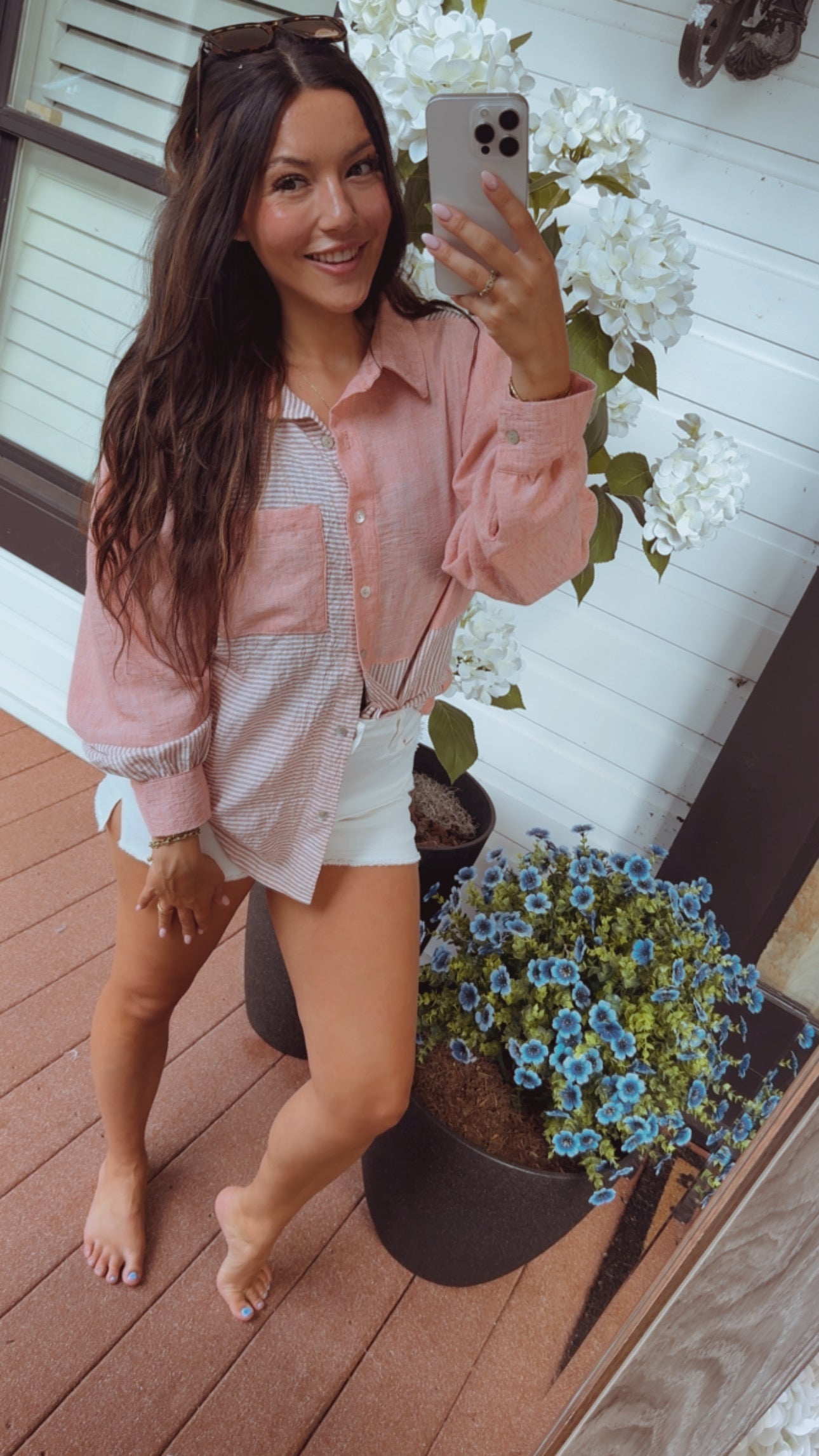 Terracotta and White Button Up Long Sleeve Top