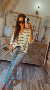 Chic Boxy Knit Cream and Black Striped Top