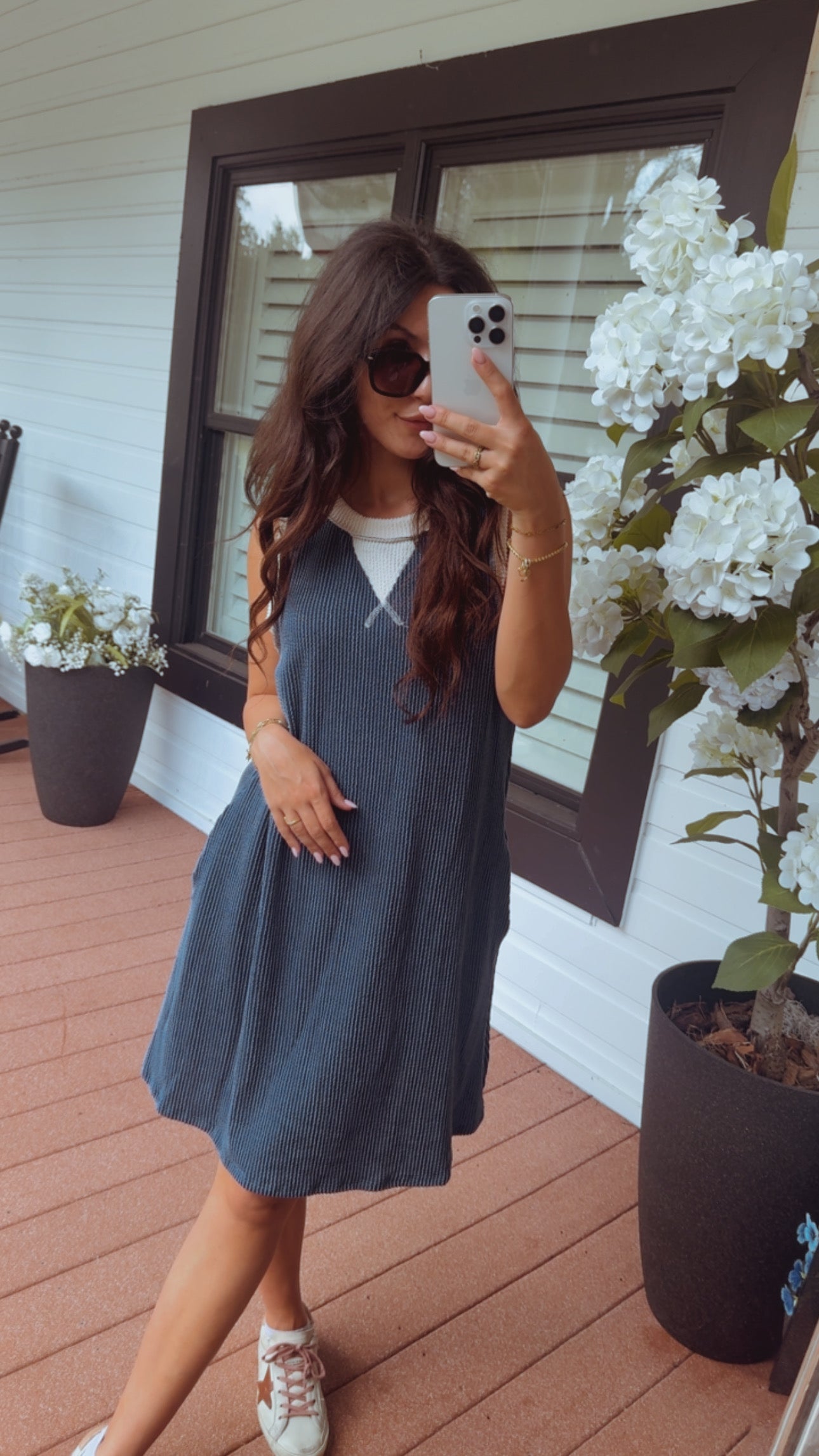 Navy and Cream Ribbed Tank Dress
