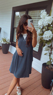 Navy and Cream Ribbed Tank Dress