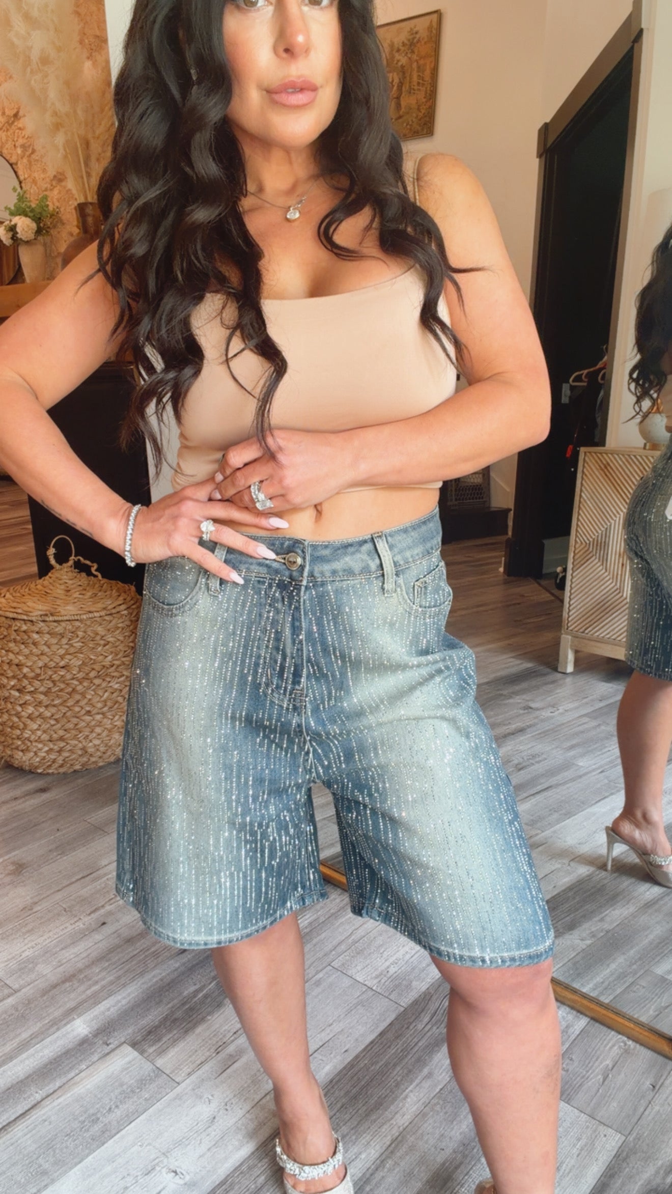 "THE DOLLY" Dark Wash Diva Sparkle Straight Leg Bermuda Shorts