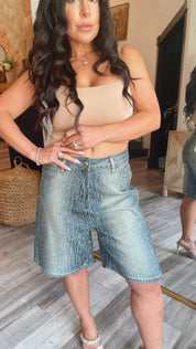 "THE DOLLY" Dark Wash Diva Sparkle Straight Leg Bermuda Shorts