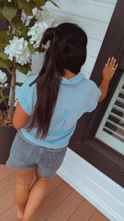 Mist Blue Lightweight Textured Button up Cuffed Top