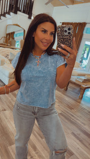 Sky Blue Cropped Acid Wash Top