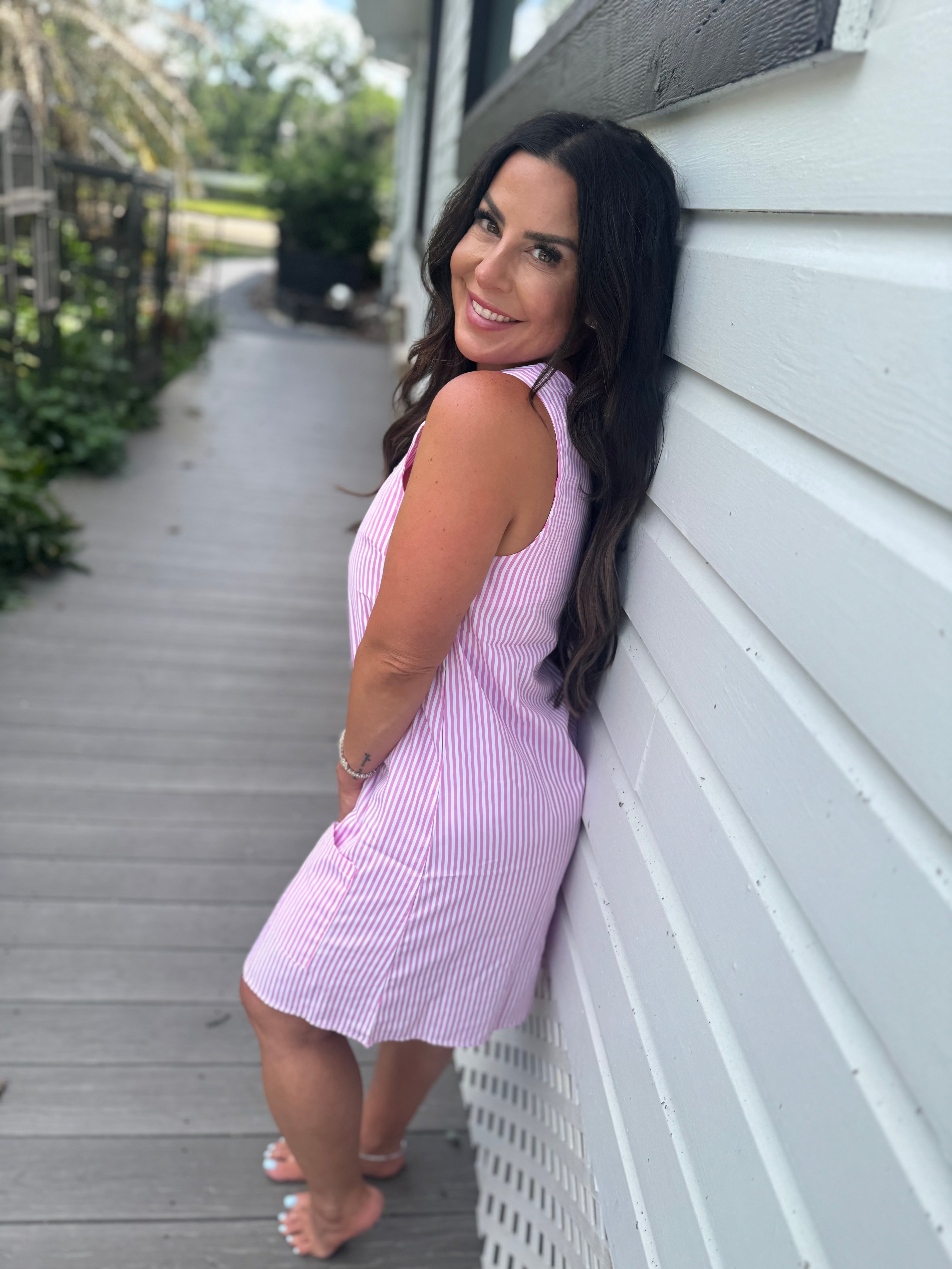 Pink and White Striped Sleeveless Dress