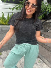 Ultra Soft Black Acid Wash Short Sleeve Top