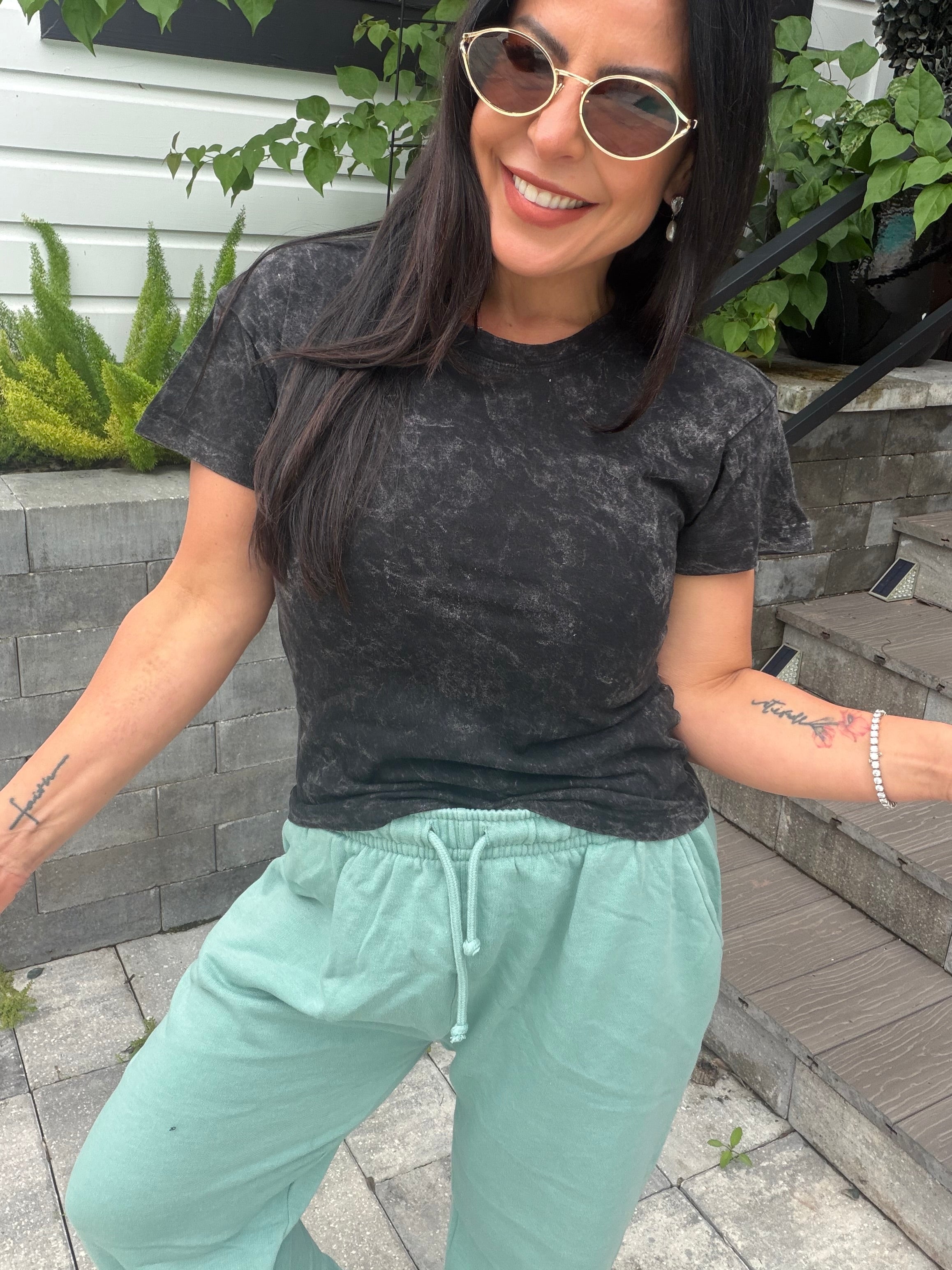 Ultra Soft Black Acid Wash Short Sleeve Top