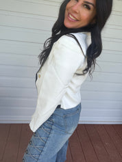 Chic White and Black Trim Gold Button Blazer