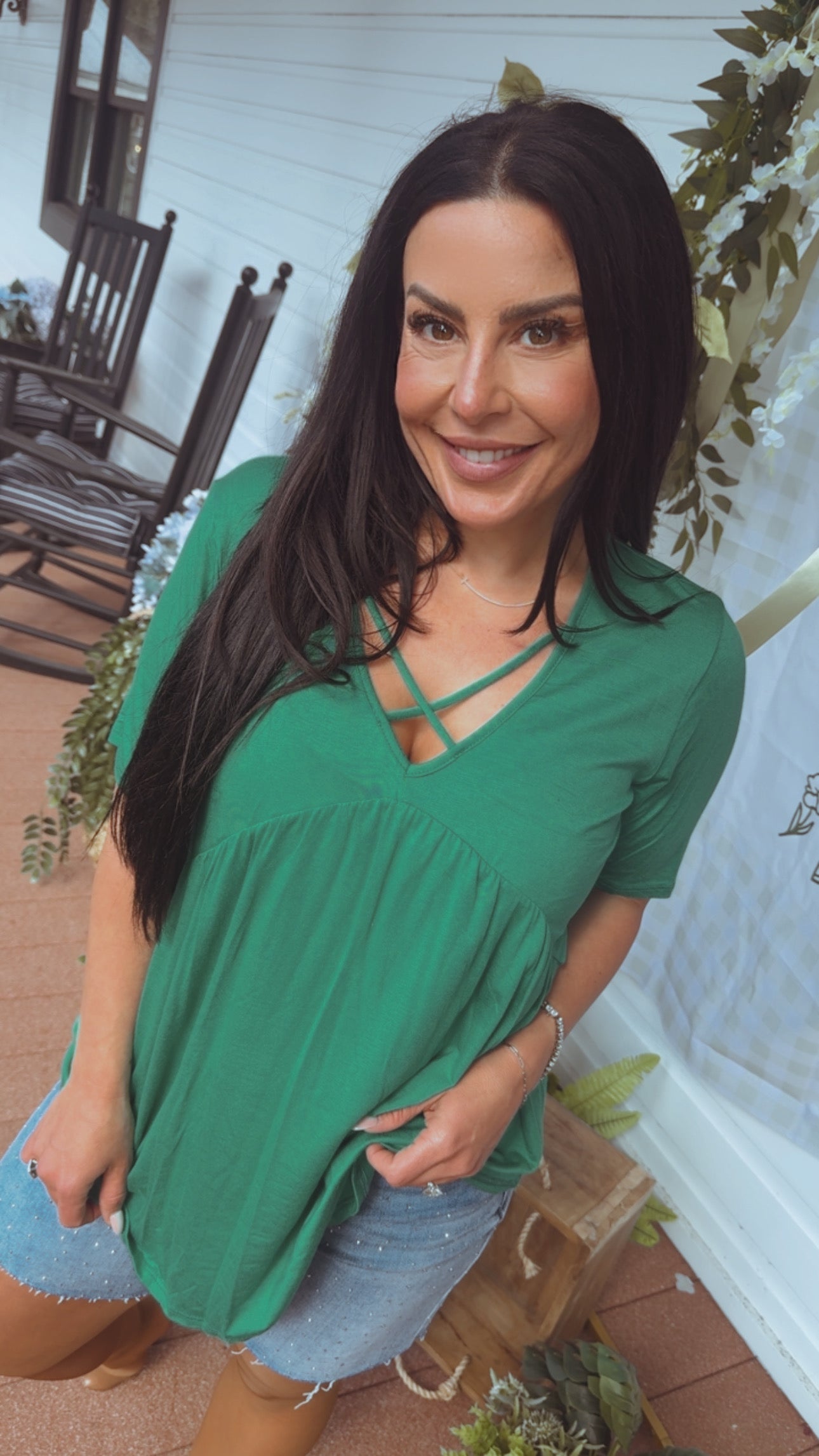 Ultra Soft Kelly Green Cross Front Flow Top