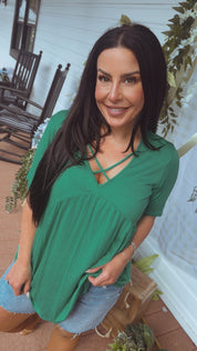 Ultra Soft Kelly Green Cross Front Flow Top