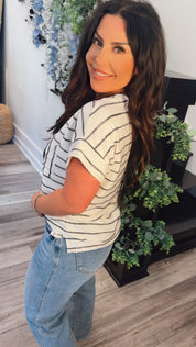 Ivory And Black Scalloped Stripe Tee