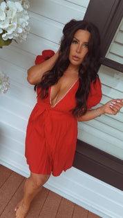 Red Puff Sleeve Smocked Waist Dress