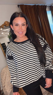 Rae mode Black and Ivory Striped Open Back Long Sleeve Top