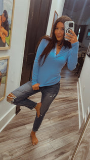 Denim 1/4 Button Ribbed long Sleeve Top