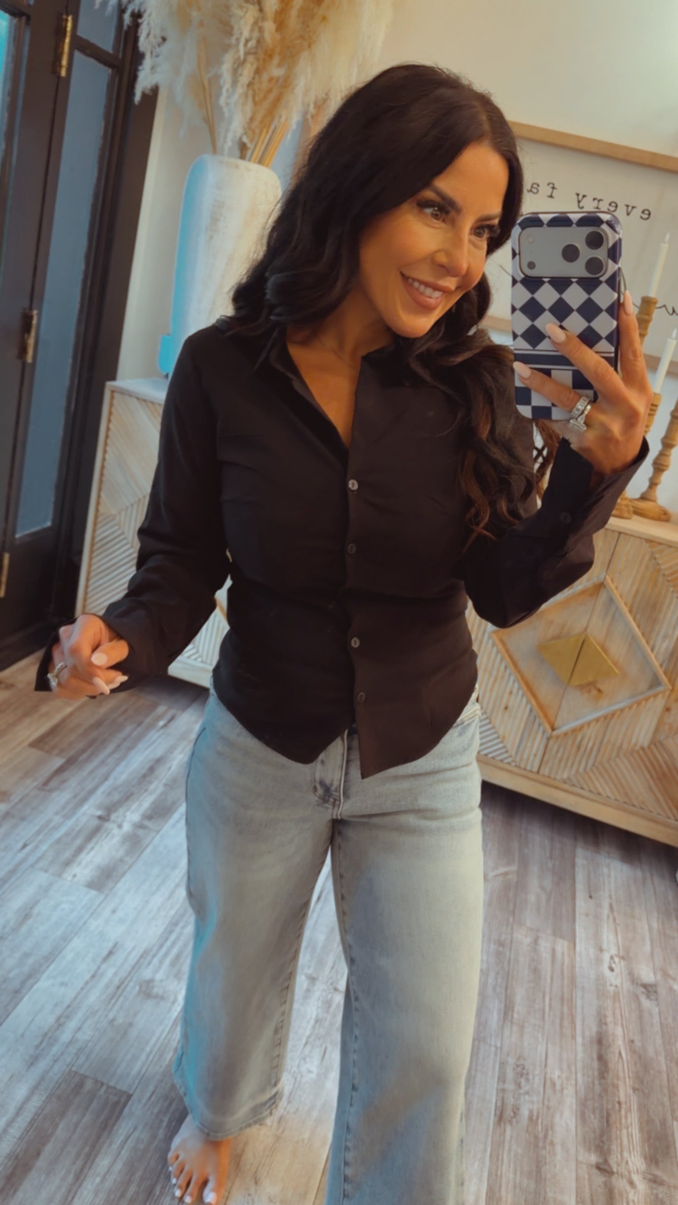 Black Button Up Long Sleeve Top