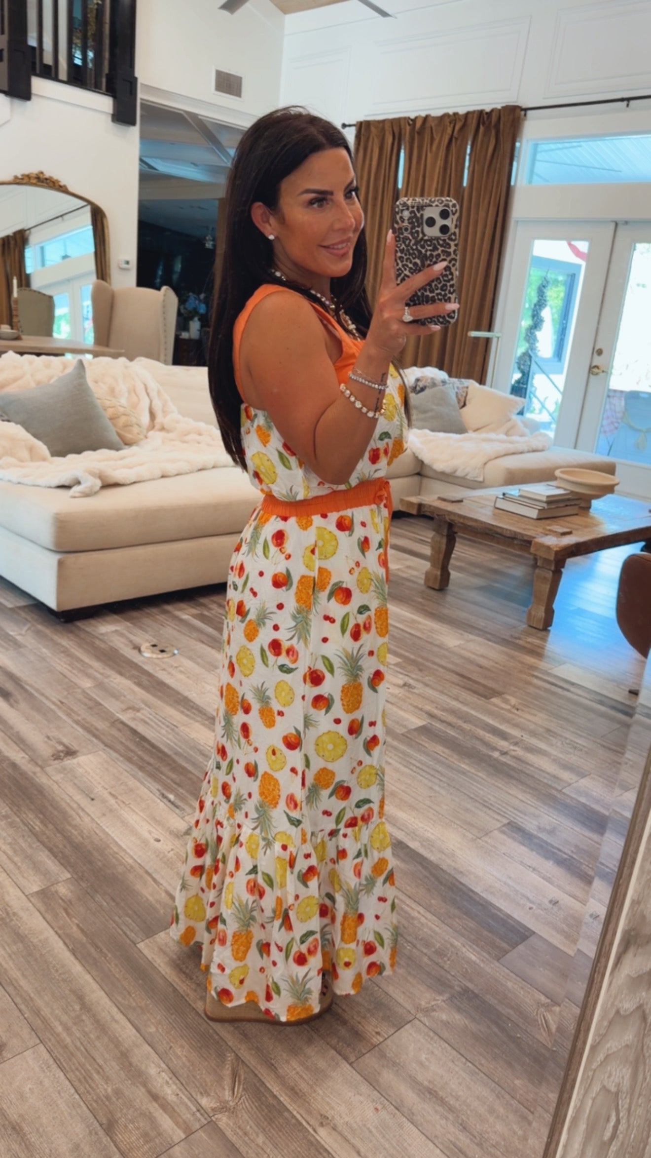 Chic White and Fruit Two Piece Set Top and Maxi Skirt