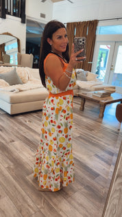 Chic White and Fruit Two Piece Set Top and Maxi Skirt