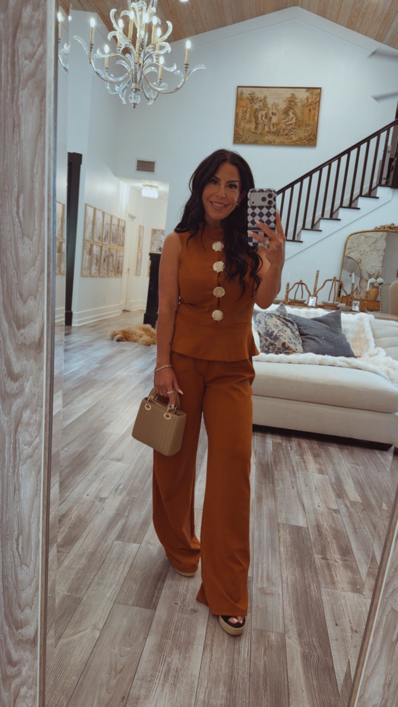Chic Cognac Gold Accent Peplum Top