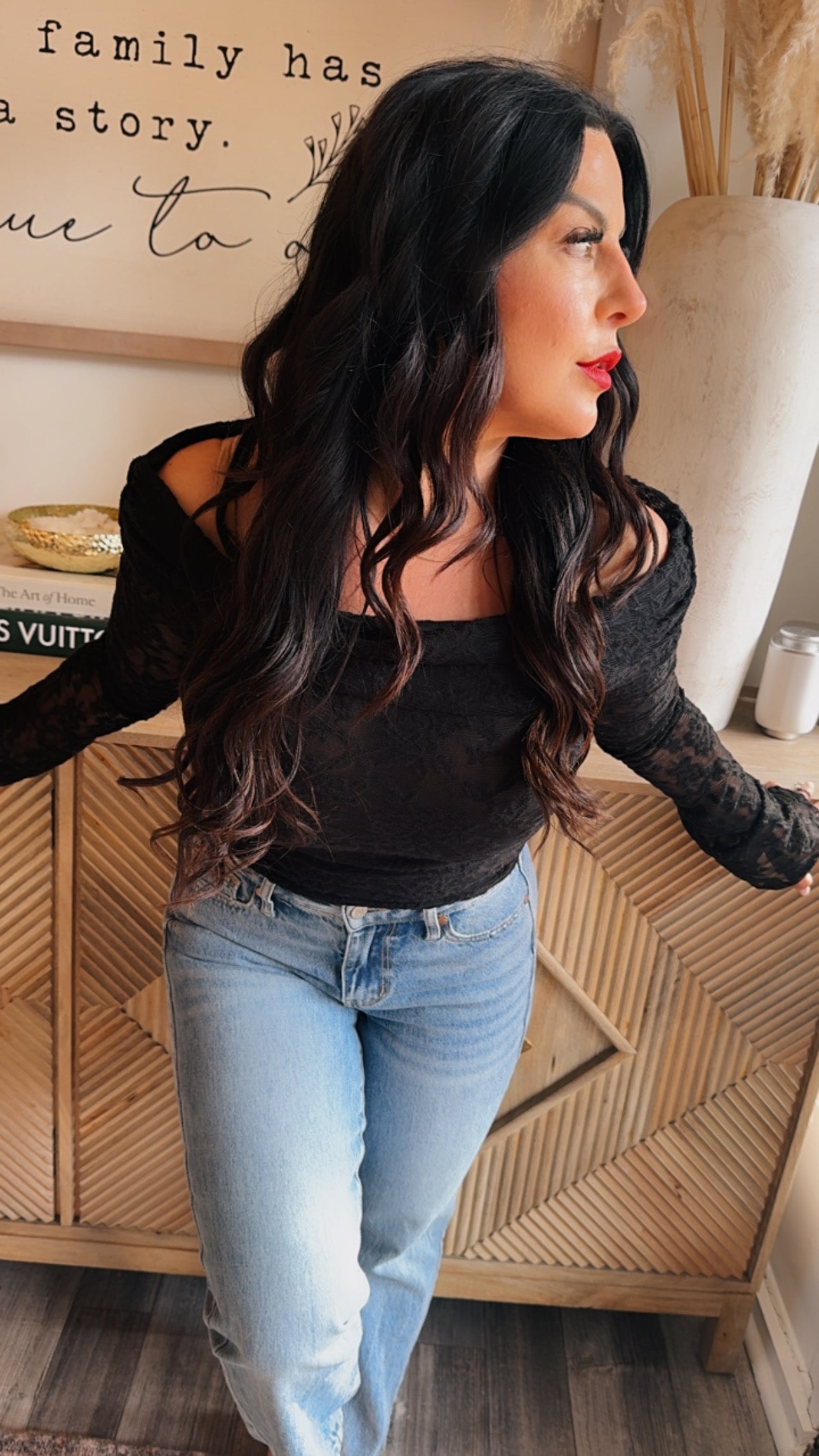Sassy Lightweight Black Lace Off The Shoulder Long Sleeve Top