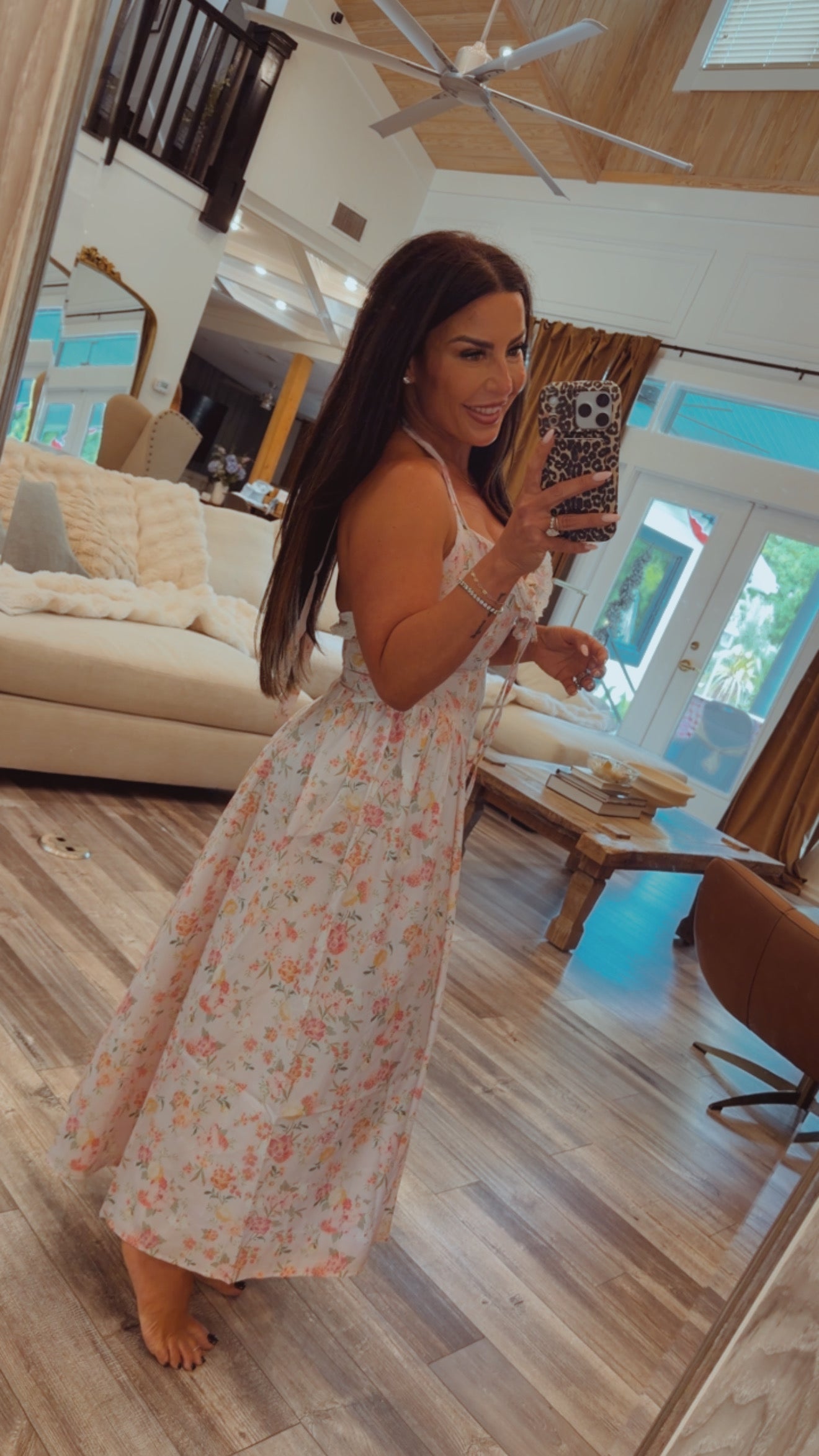 White And Pink Floral Long Flowy Halter Dress