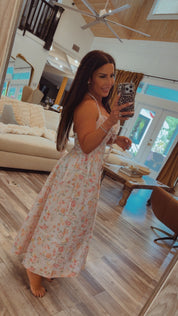 White And Pink Floral Long Flowy Halter Dress