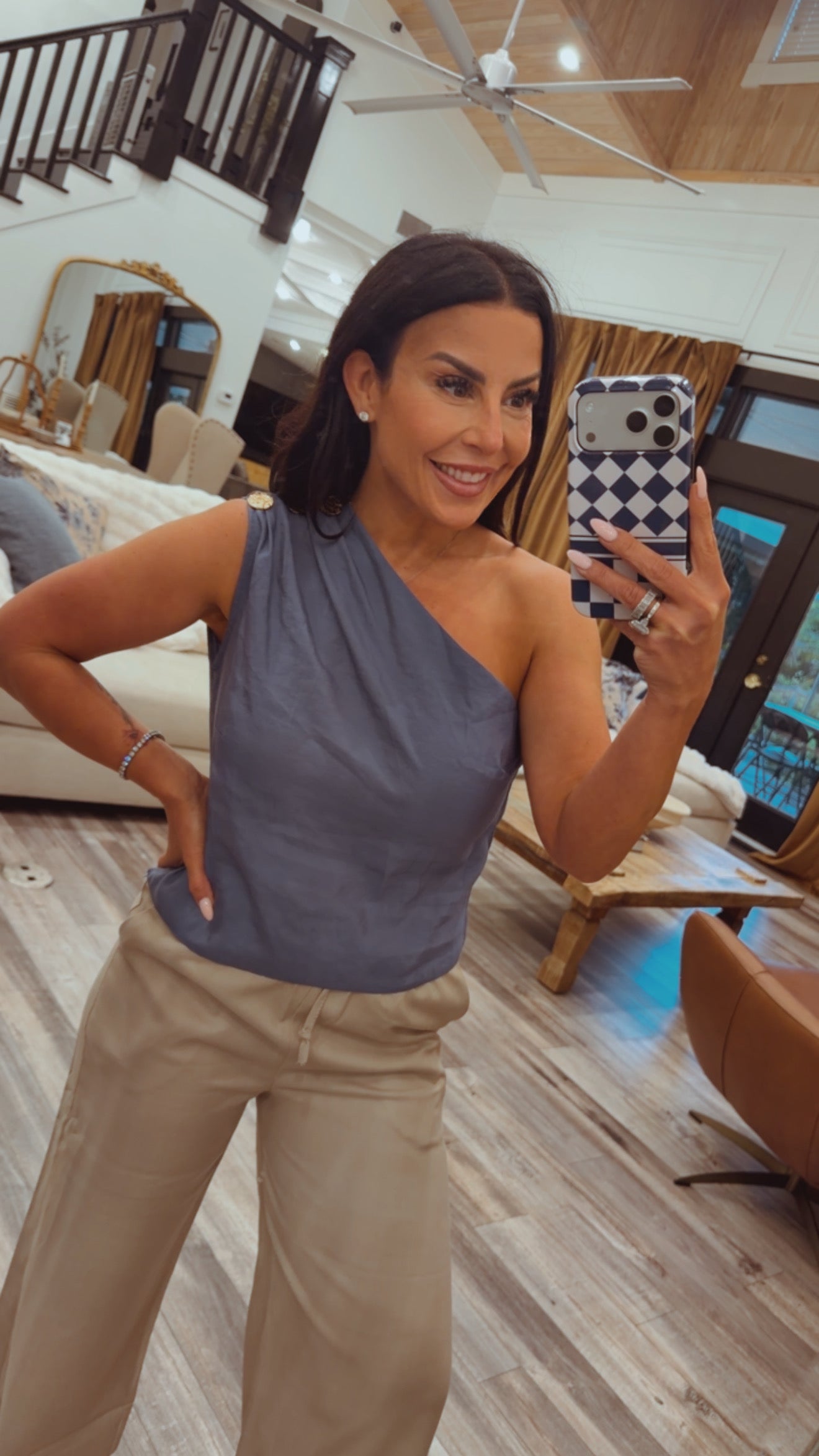 Slate Blue Chic One Shoulder Loose Fit Blouse