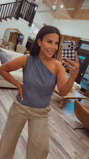 Slate Blue Chic One Shoulder Loose Fit Blouse