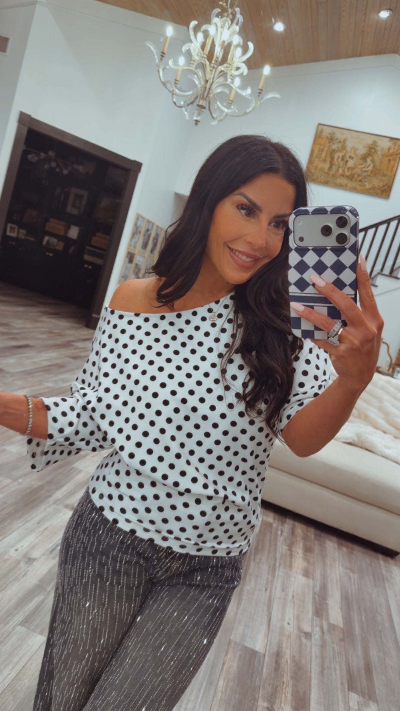 Chic White and Black Polka Off the Shoulder Top