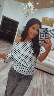 Chic White and Black Polka Off the Shoulder Top