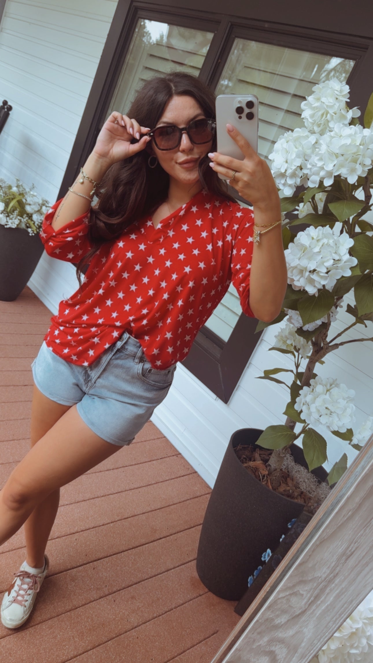Red Vneck White Star Loose Fit Top