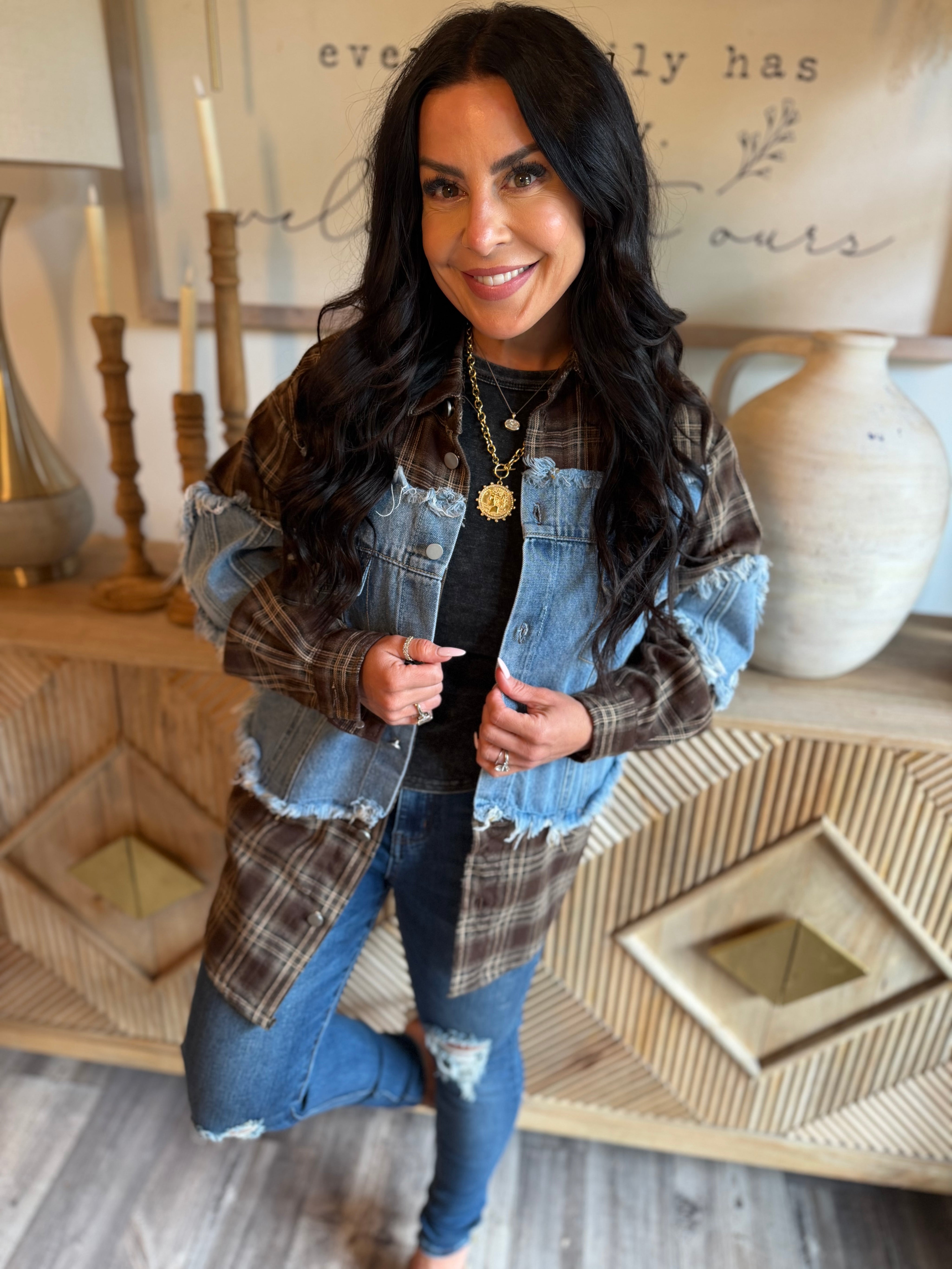 Denim and Chocolate Brown Flannel Distressed Hem Jacket