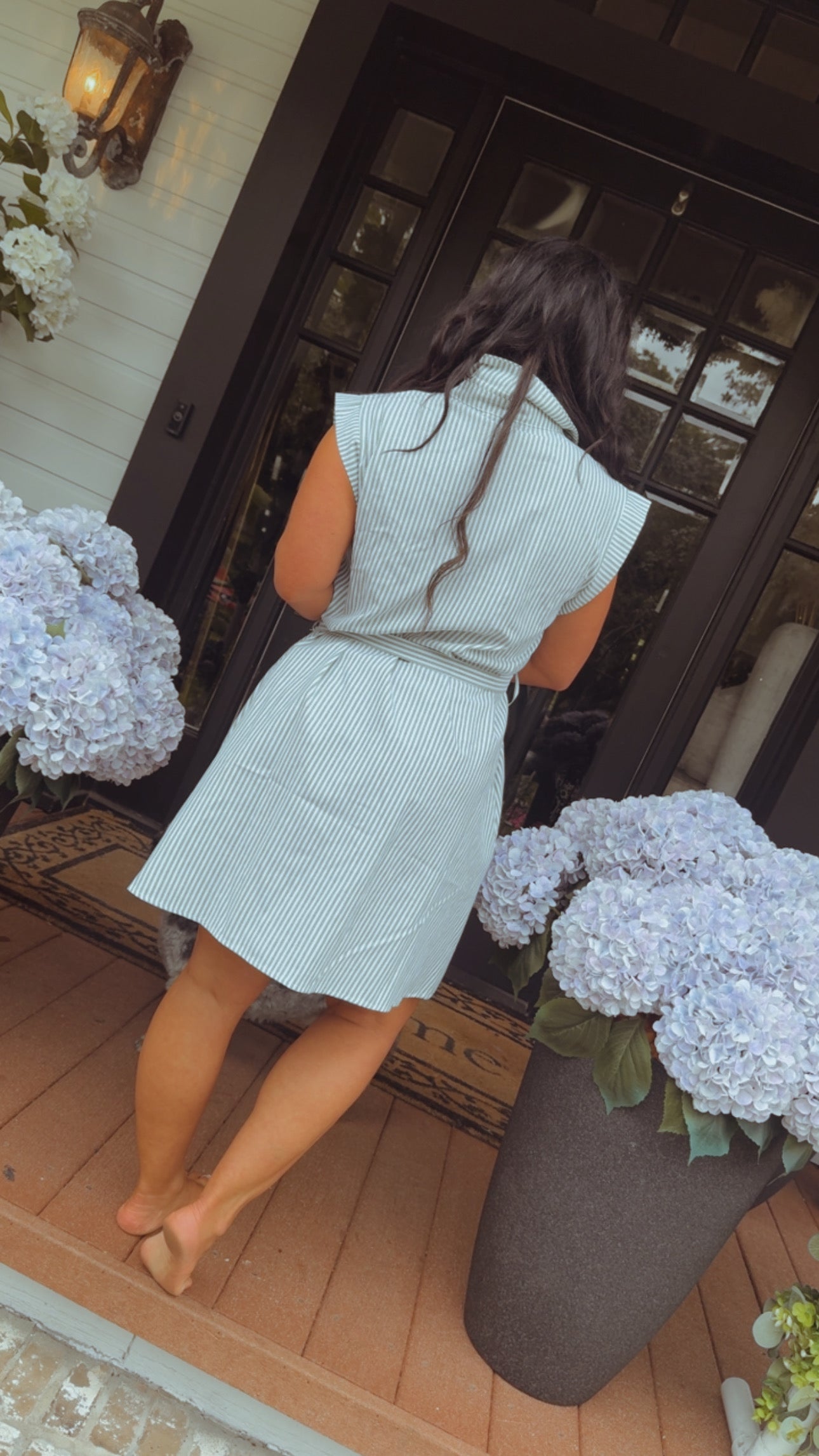 Green and White Pin Striped Button Up Dress