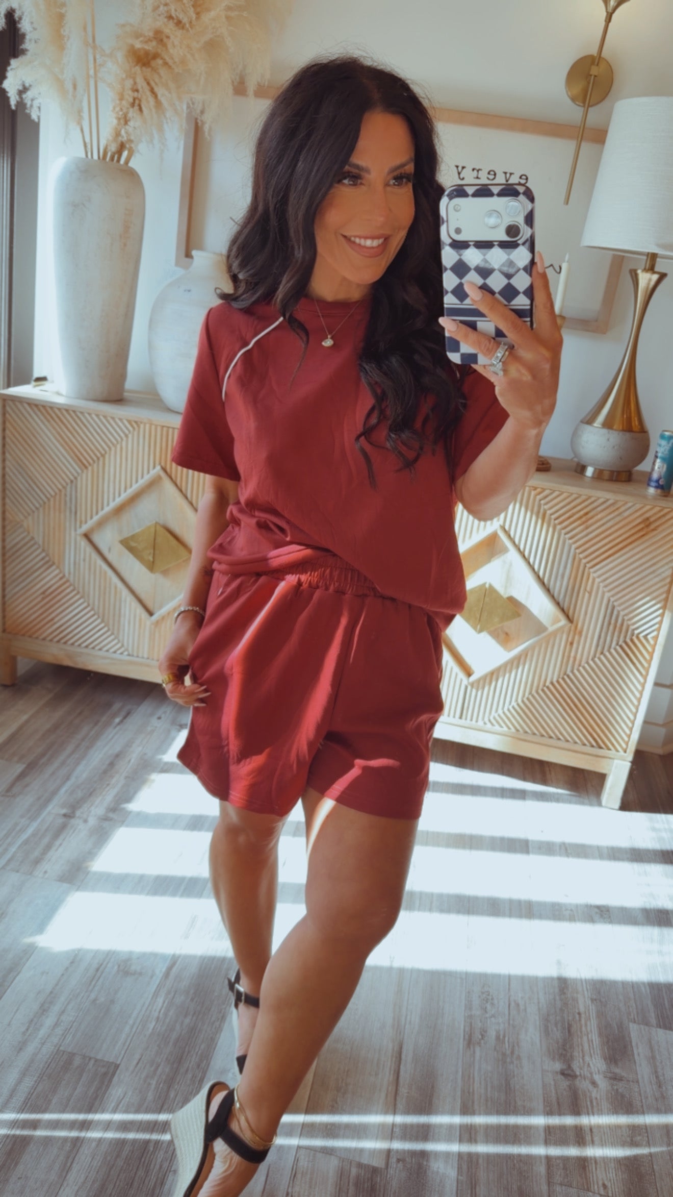 Maroon And White Stripe Top and Shorts Set