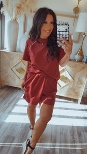 Maroon And White Stripe Top and Shorts Set
