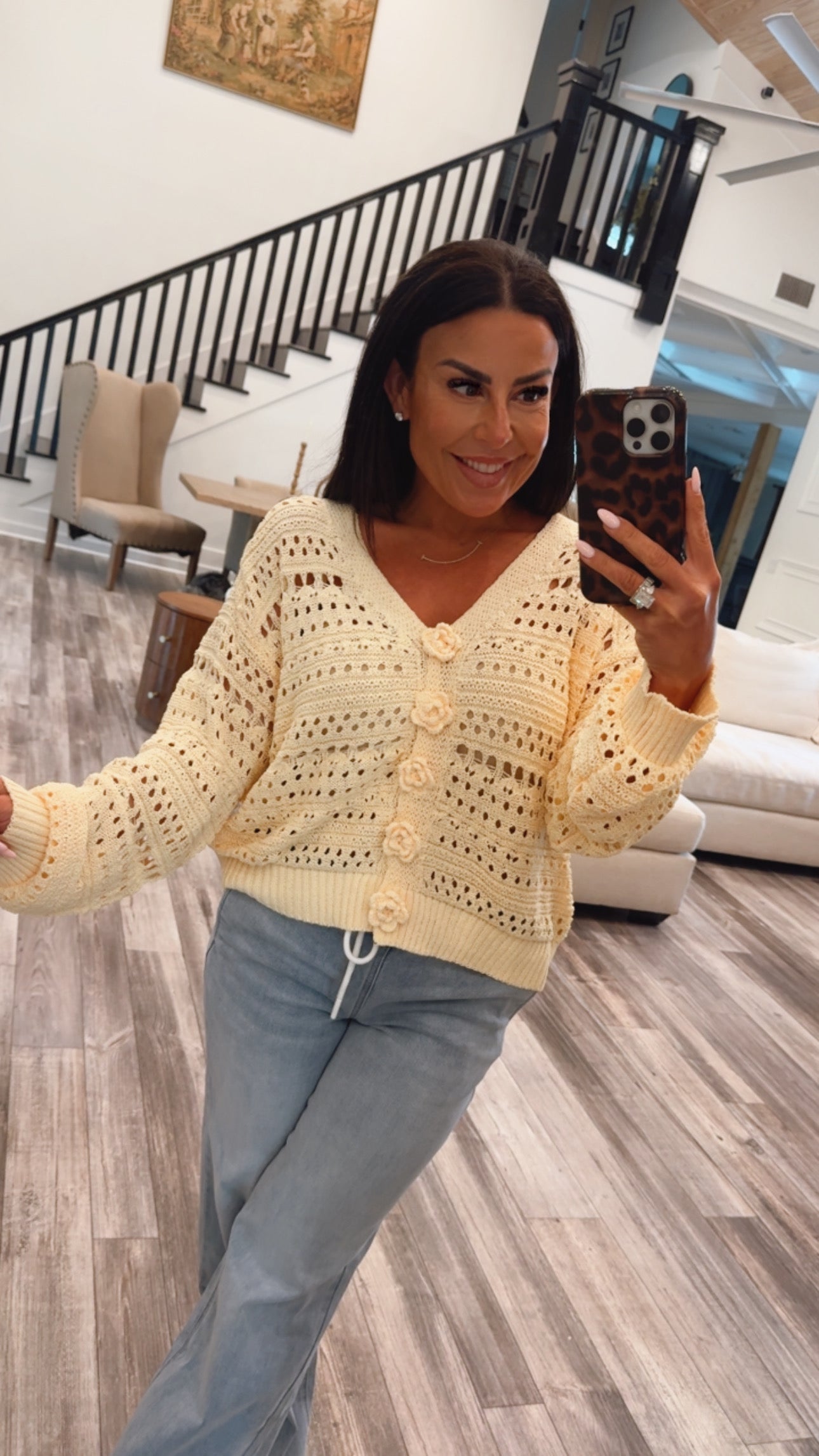Ultra Soft  Yellow Knit Floral Button Pol Cardi