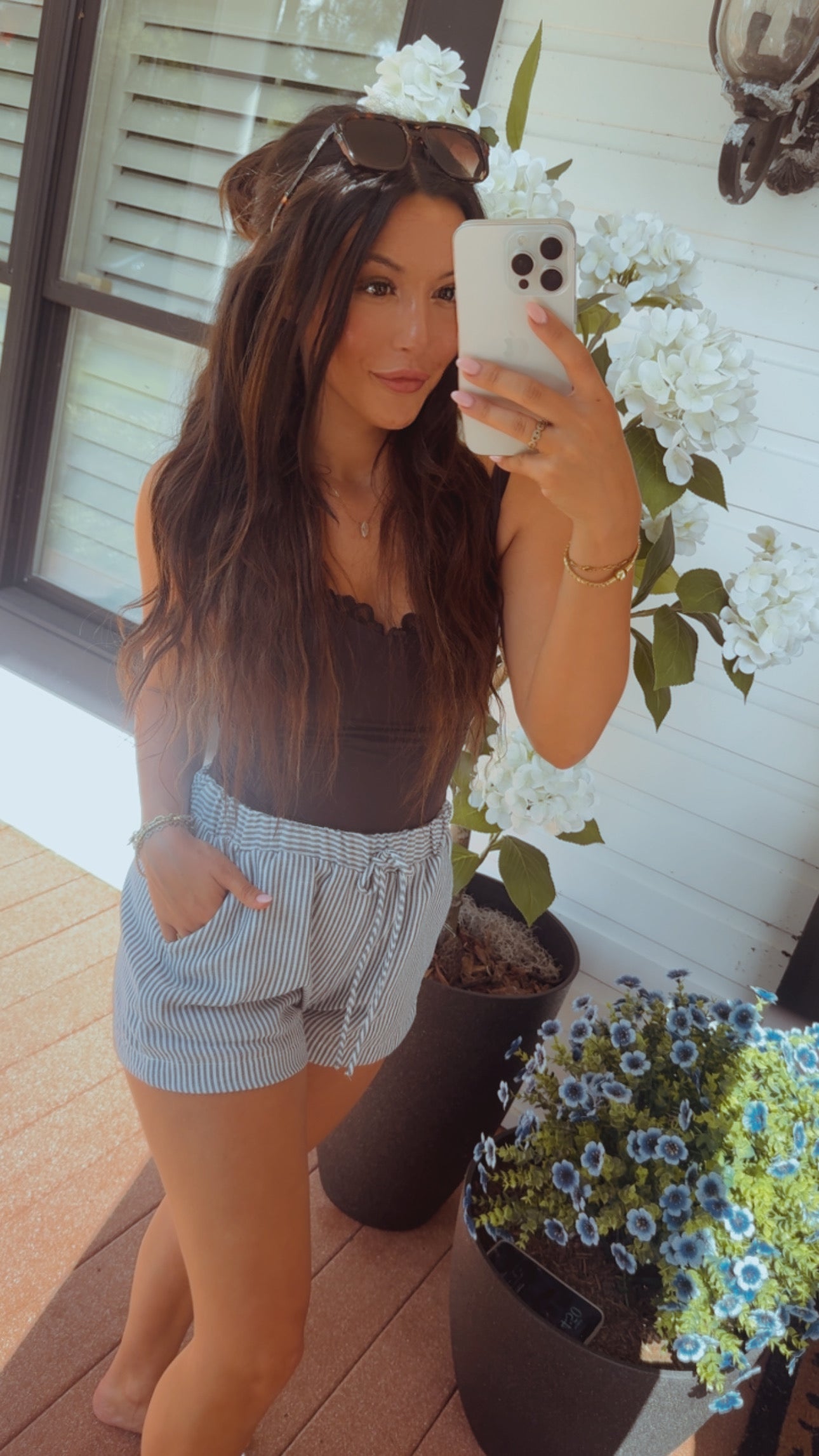 Chic Denim and White Striped Shorts