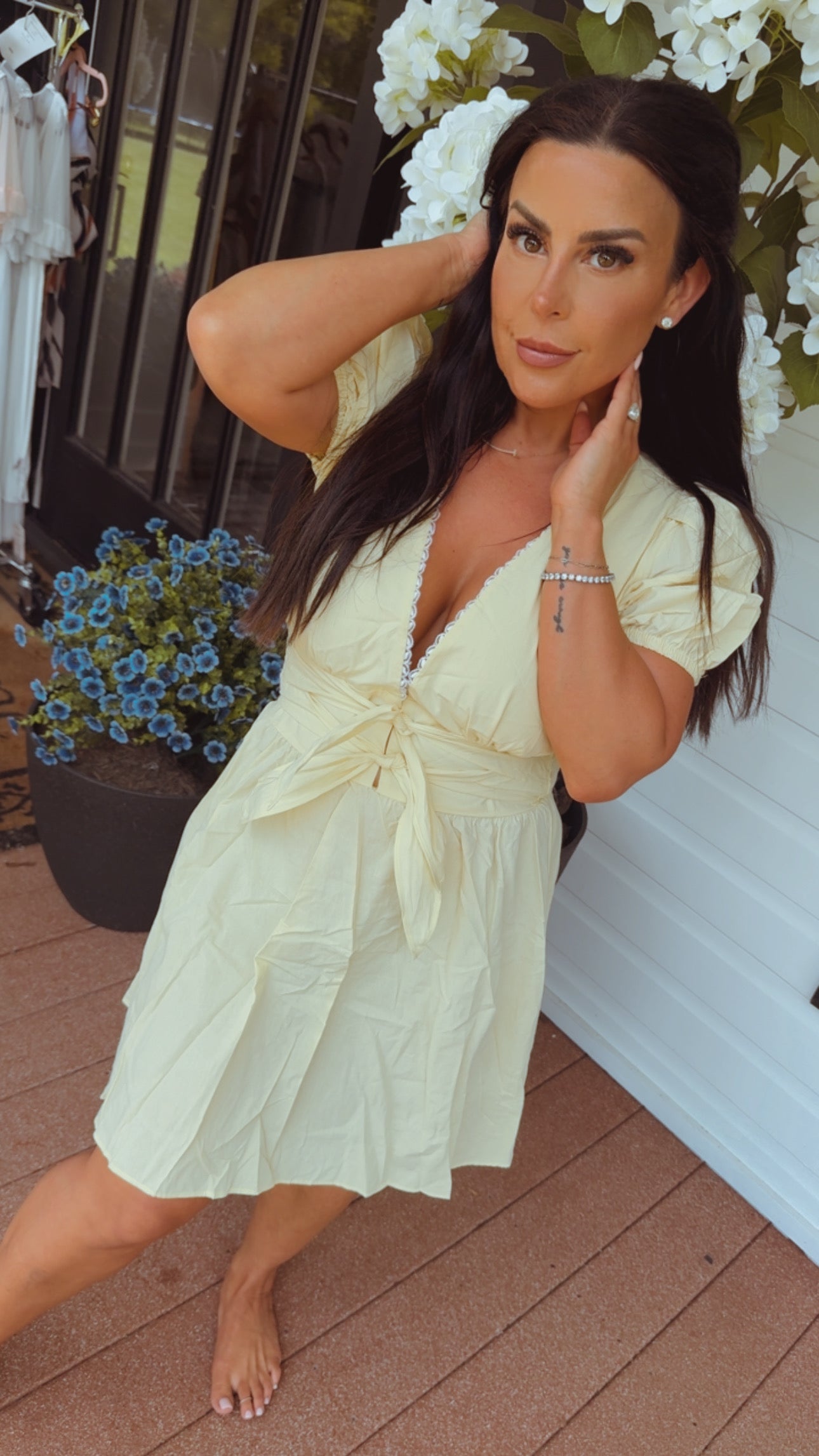 Yellow Puff Sleeve Smocked Waist Dress