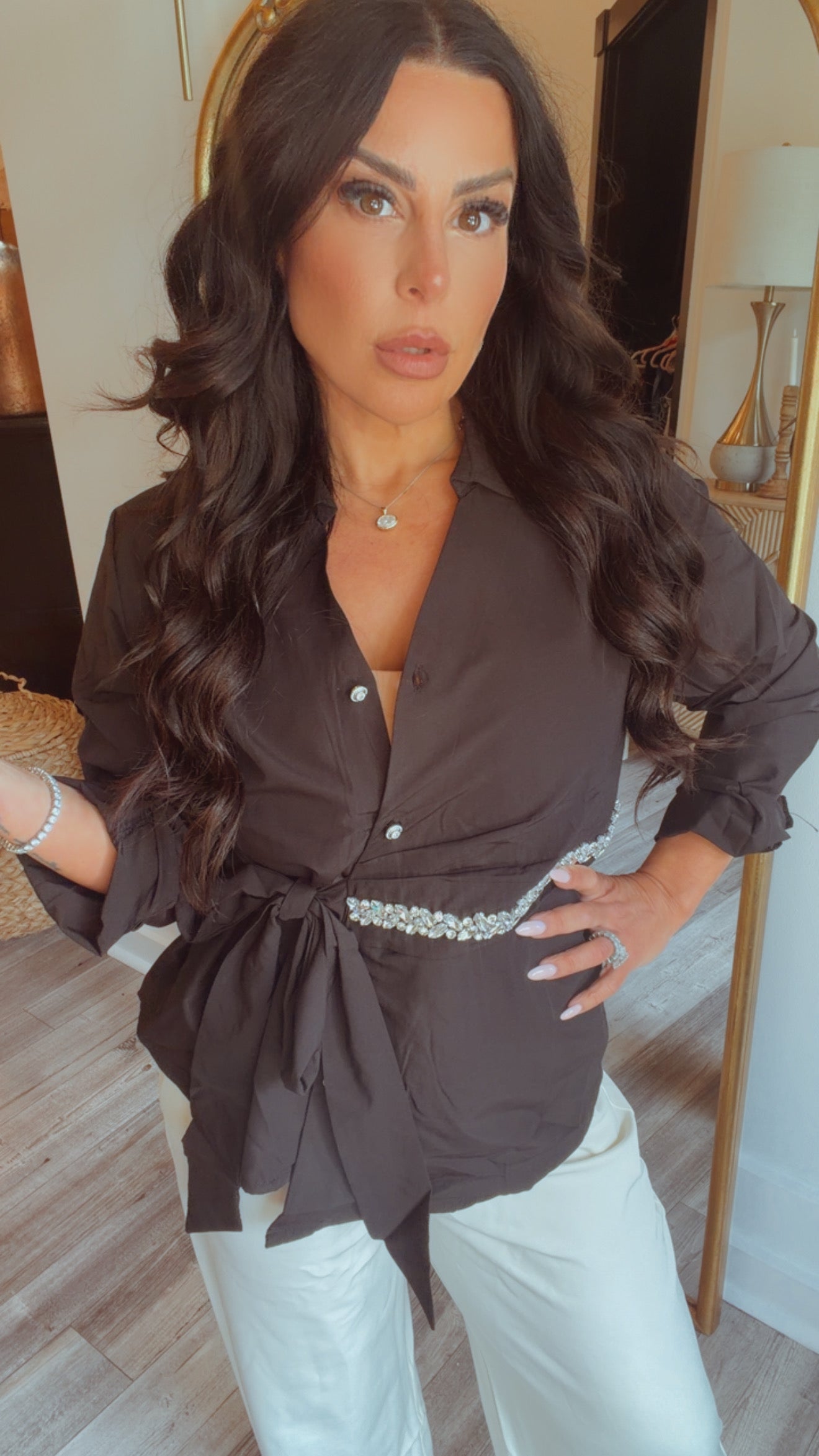 “ THE DIANA” Black Luxe Button Up Long Sleeve Top With Crystal Embleshiment Blouse