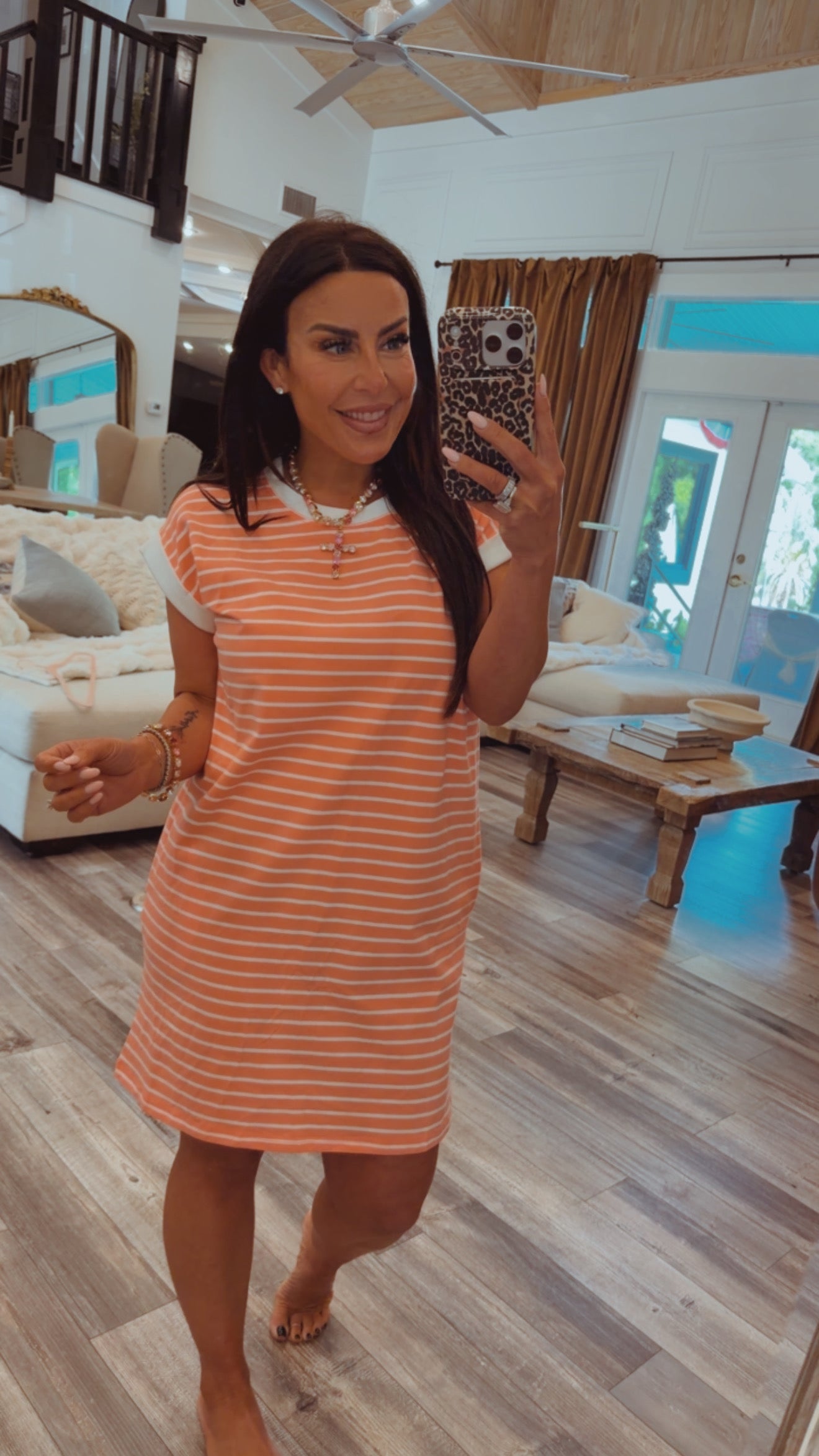 Coral and White Striped T Shirt Dress