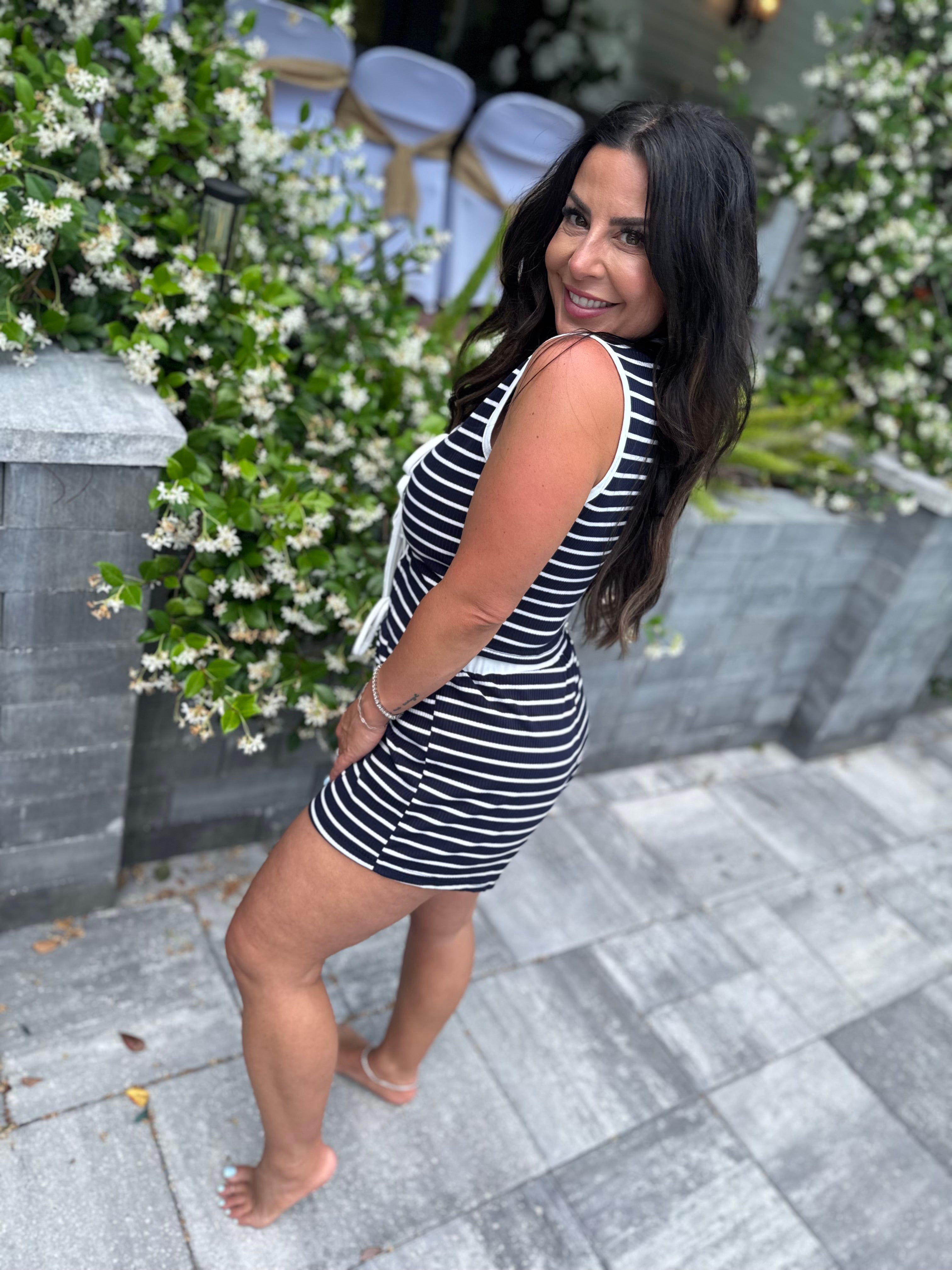 Black and White Striped Tie Vest and Shorts Set