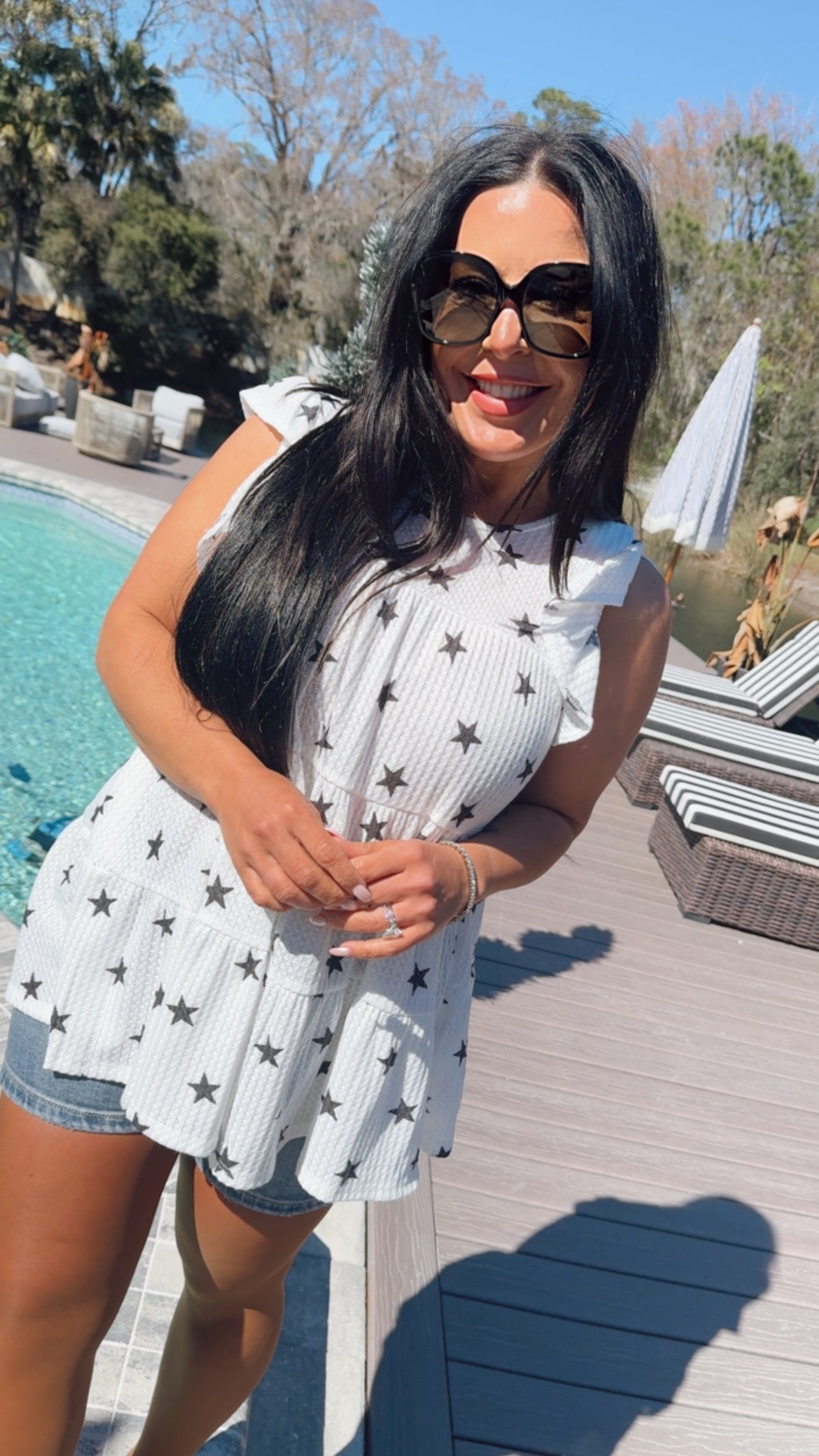 Lightweight White and Black Star Ruffle Sleeve Baby Doll Top