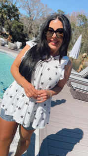 Lightweight White and Black Star Ruffle Sleeve Baby Doll Top