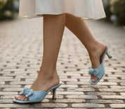 Mia Must Have  Blue Embroidered Lace Floral  Bow Heels