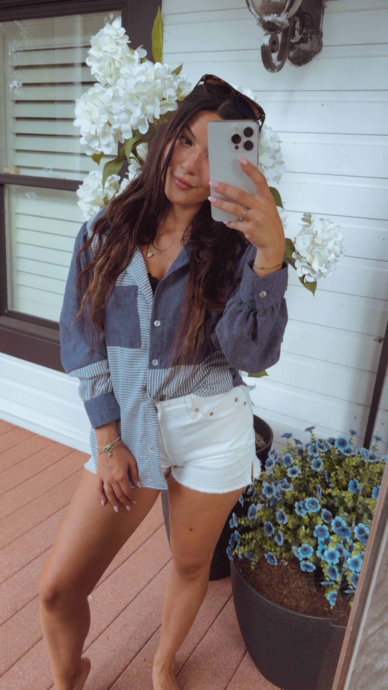 Denim and Ivory Button Up Long Sleeve Top